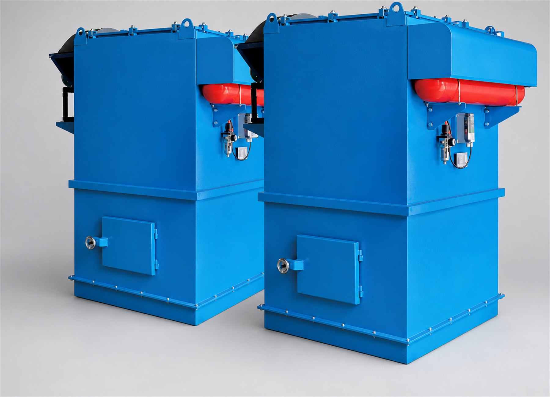 Pair of blue pulse-jet industrial dust collectors