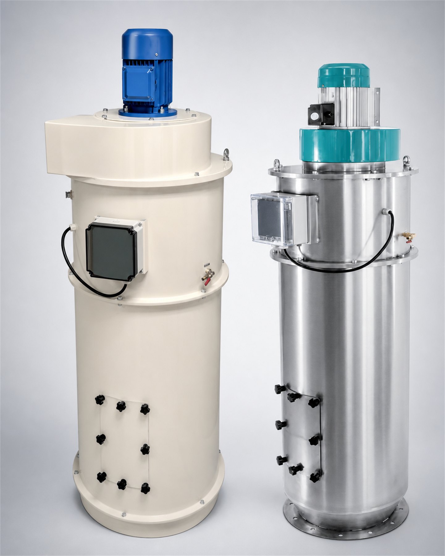 Two vertical round industrial dust-filter units