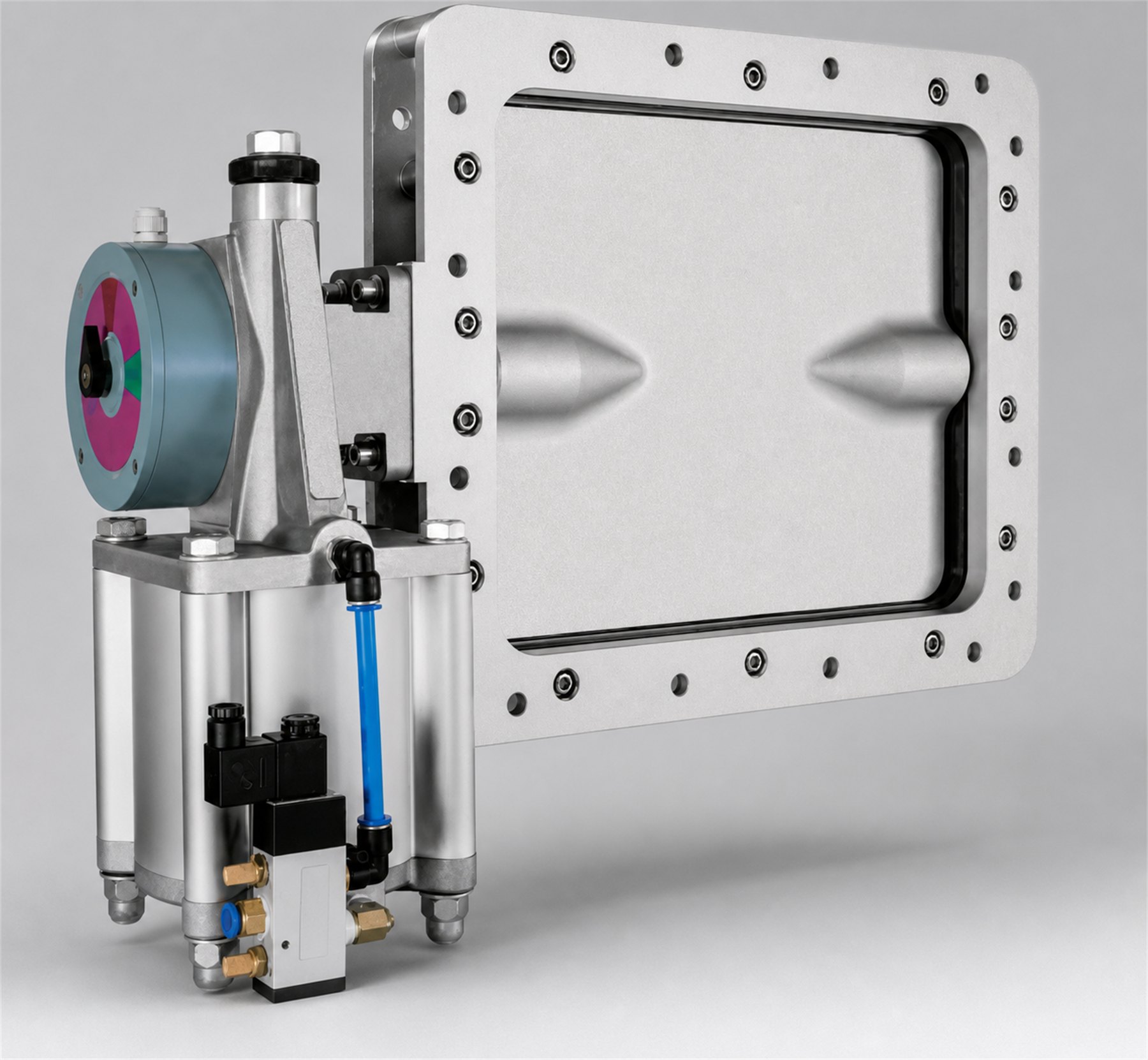 Pneumatically actuated square butterfly valve