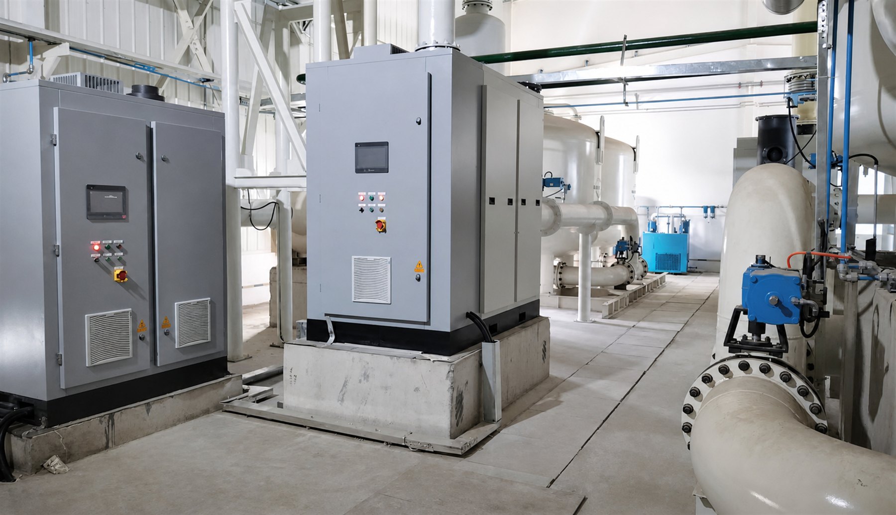 Industrial gas system control enclosures with process piping and actuated valves