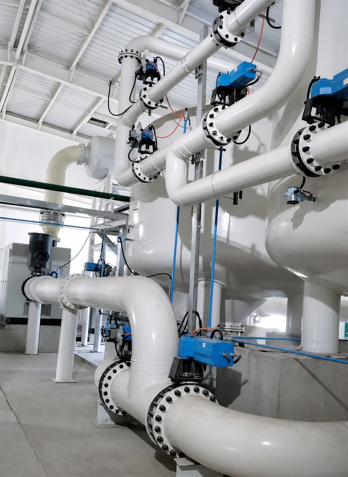 Large-diameter gas process piping with bolted flanges and pneumatic actuators