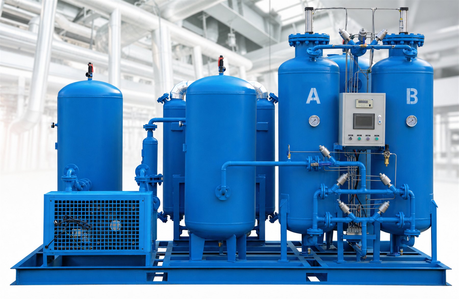 Packaged PSA nitrogen generation system with vessels, controls and skid-mounted piping
