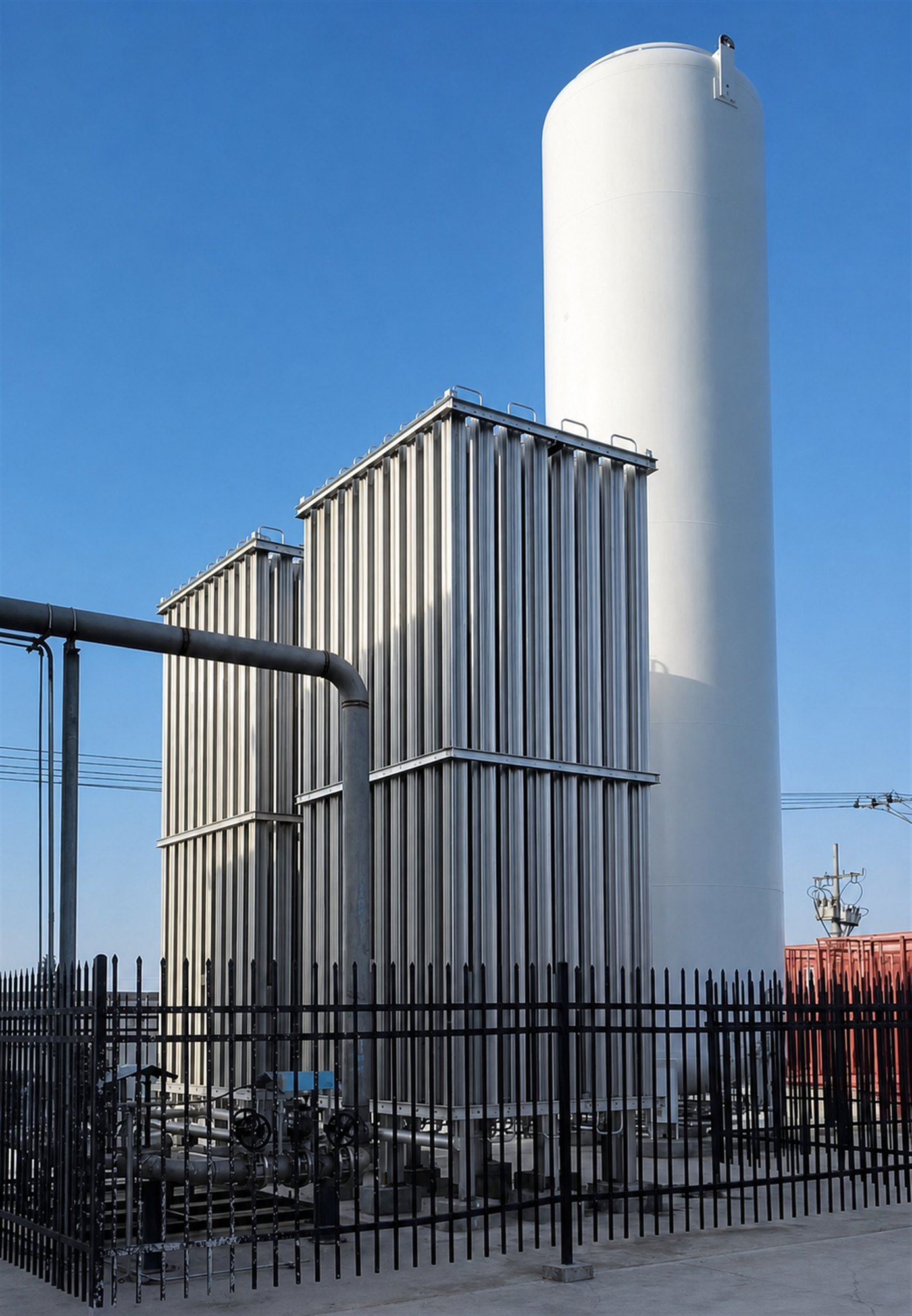 Outdoor cryogenic storage vessel with two ambient vaporizers and associated piping