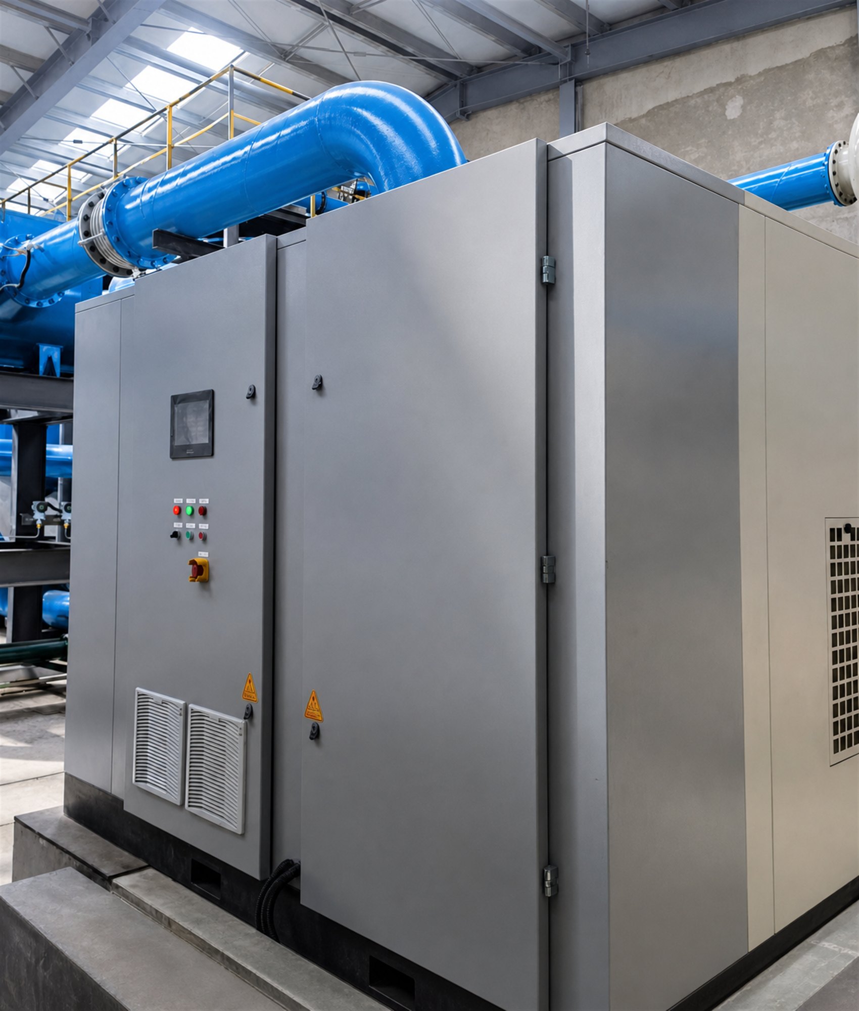 VPSA blower enclosure installed beneath large blue process ducting